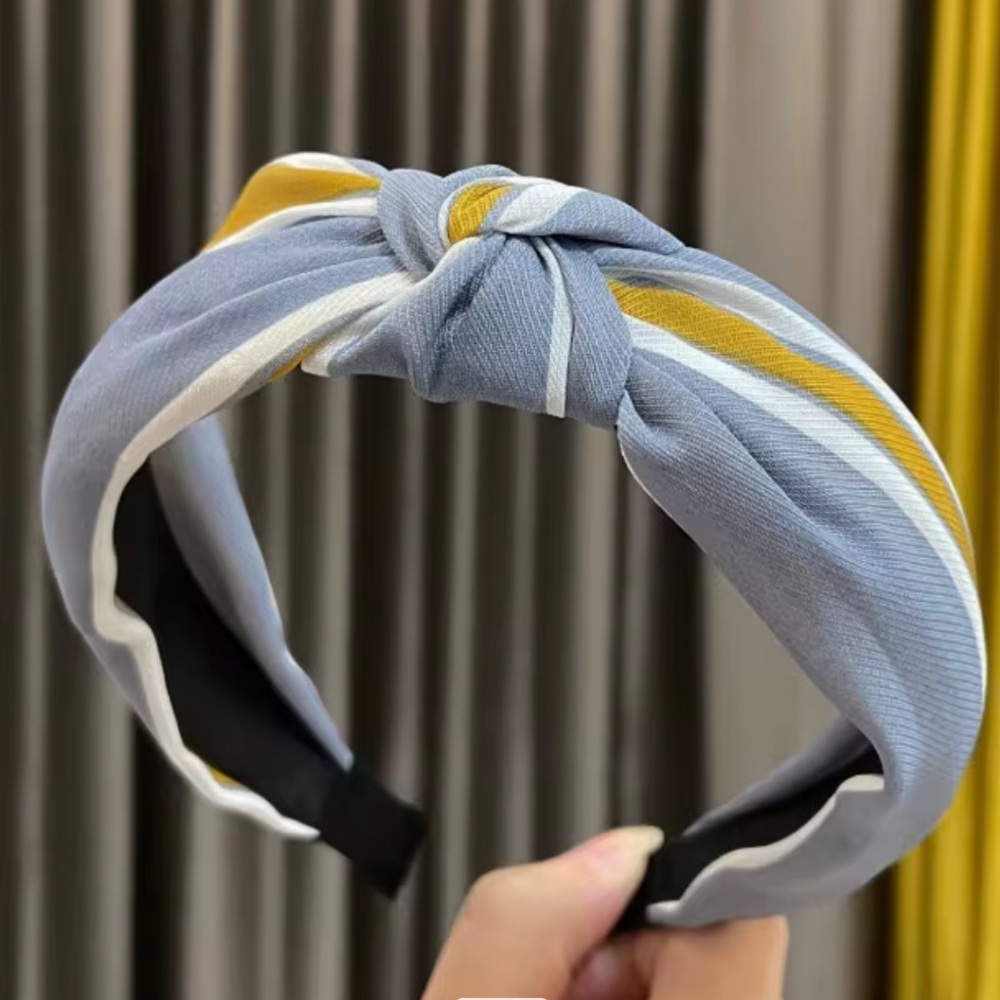 Grey and Yellow Silken Striped Headband with Topknot